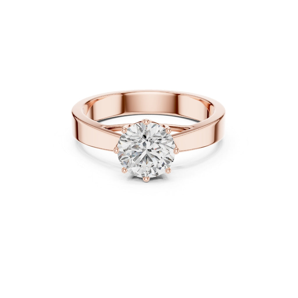 Rose gold ring with a 1ct moissanite diamond on a white background