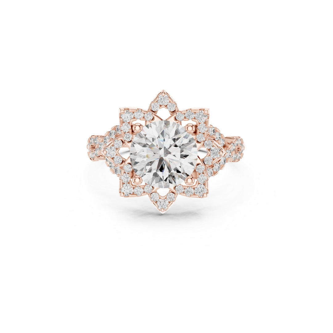 Rose gold ring with a 1ct moissanite diamond and smaller diamonds on a white background