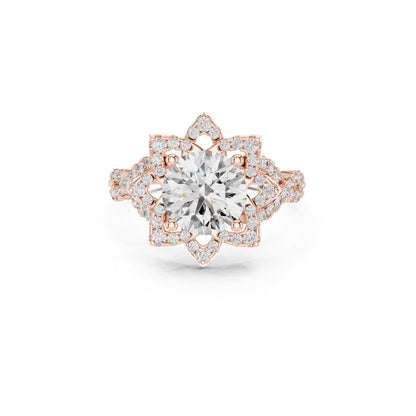 Rose gold ring with a 1ct moissanite diamond and smaller diamonds on a white background