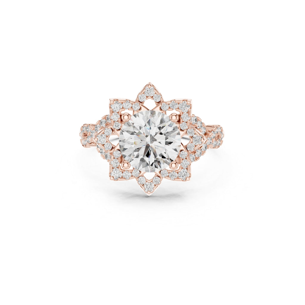 Rose gold ring with a 1ct moissanite diamond and smaller diamonds on a white background