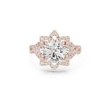 Load image into Gallery viewer, Rose gold ring with a 1ct moissanite diamond and smaller diamonds on a white background