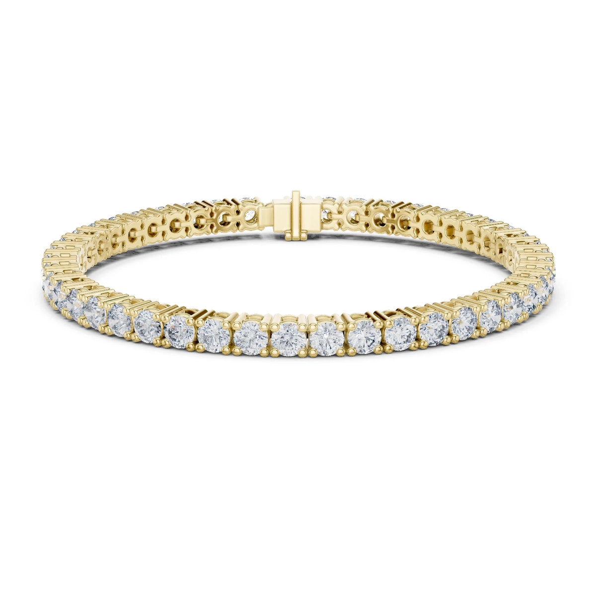 A yellow gold tennis bracelet adorned with round brilliant-cut moissanite diamonds, shown on a clean white background.