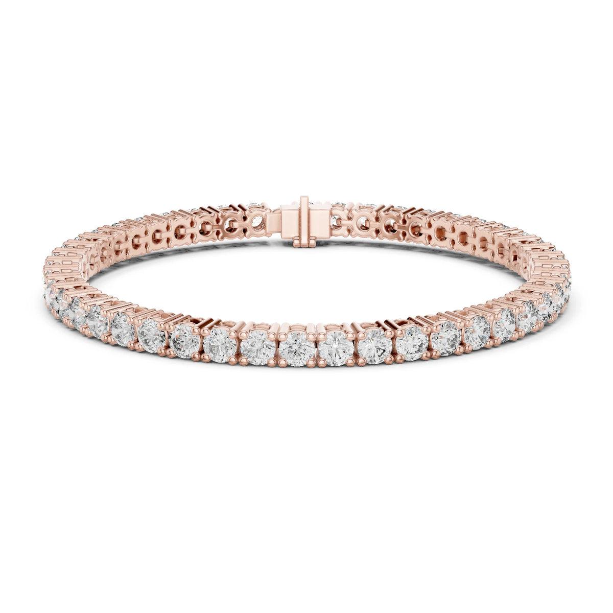 A rose gold tennis bracelet with a continuous row of round-cut clear gemstones, displayed on a clean white background.