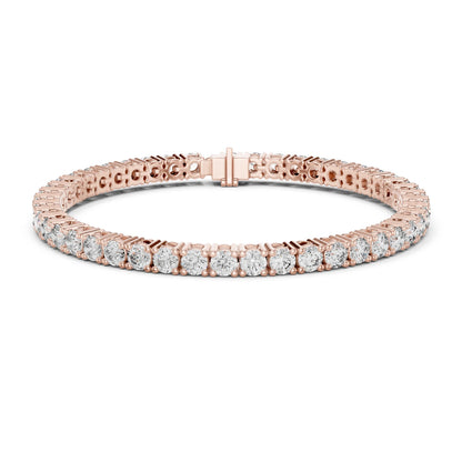A rose gold tennis bracelet with a continuous row of round-cut clear gemstones, displayed on a clean white background.
