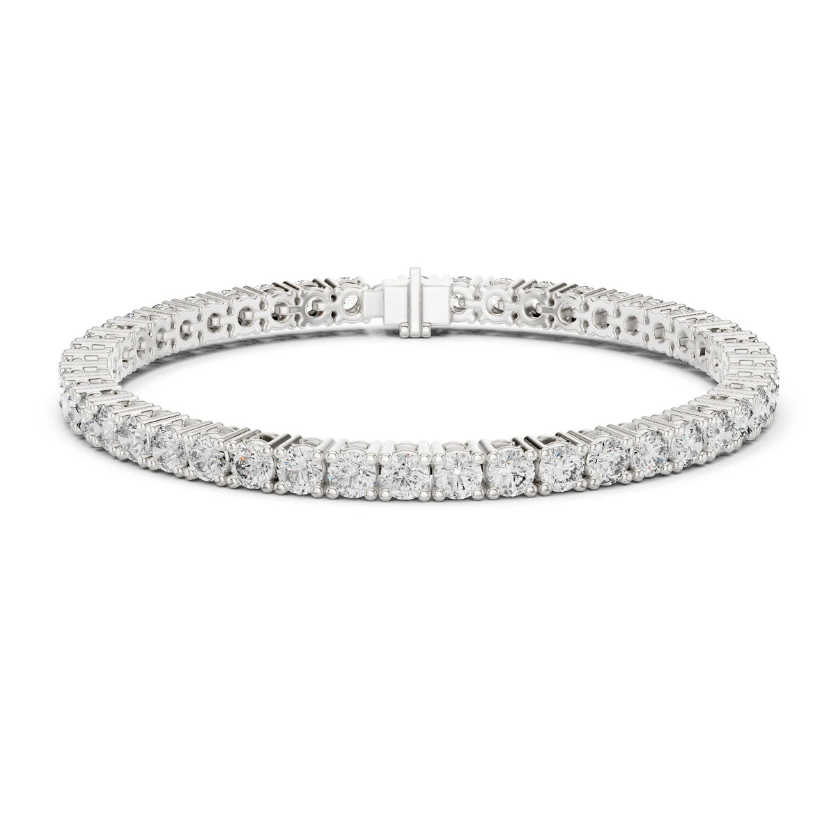 A moissanite diamond tennis bracelet in a silver-toned metal setting, shown on a plain white background.