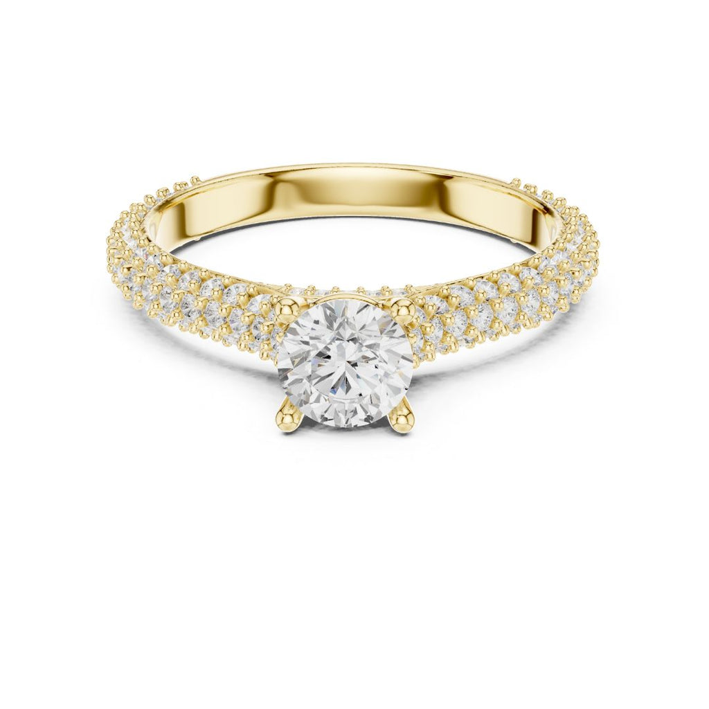 Gold ring with a moissanite diamond on a white background