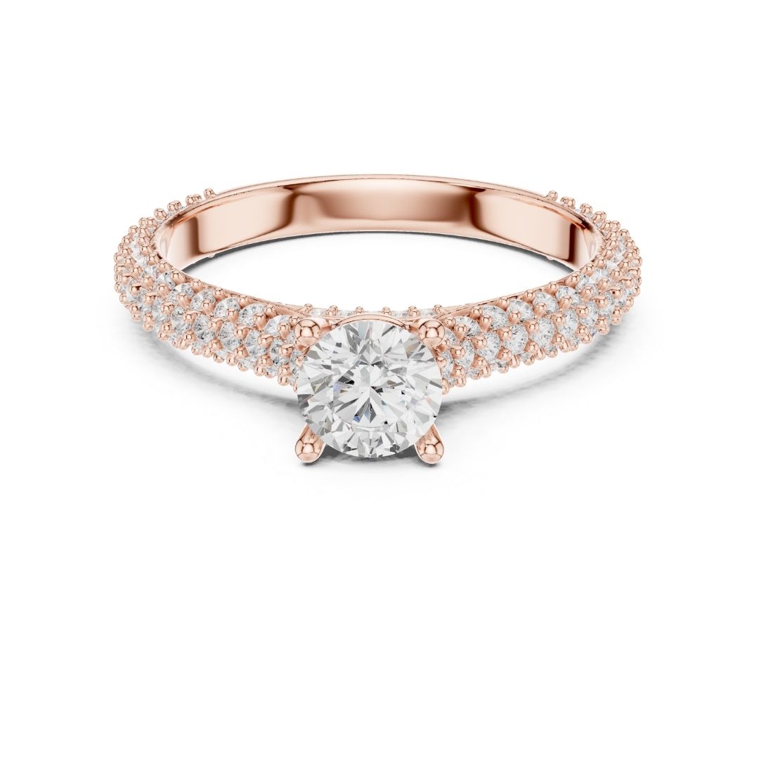 Rose gold ring with a moissanite diamond on a white background