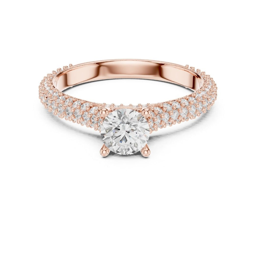 Rose gold ring with a moissanite diamond on a white background