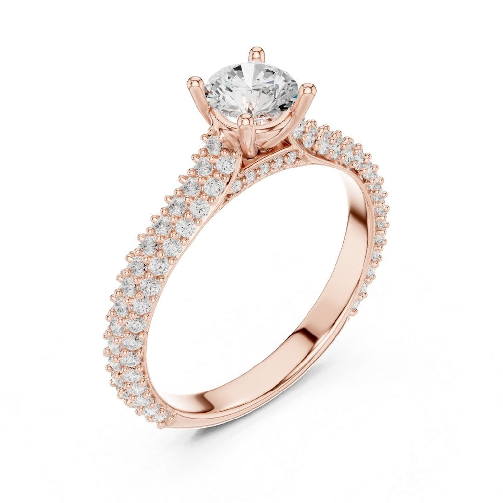 Rose gold ring with a moissanite diamond on a white background
