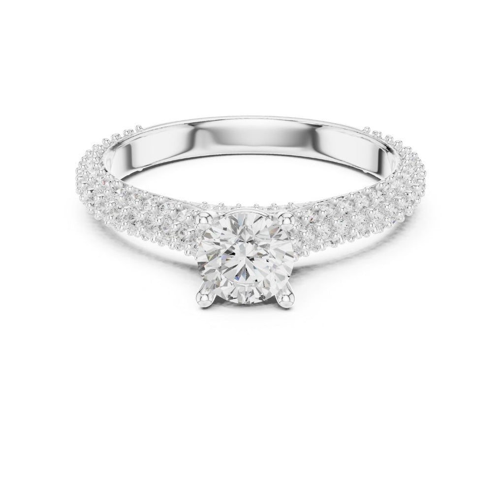 Silver ring with a moissanite diamond on a white background