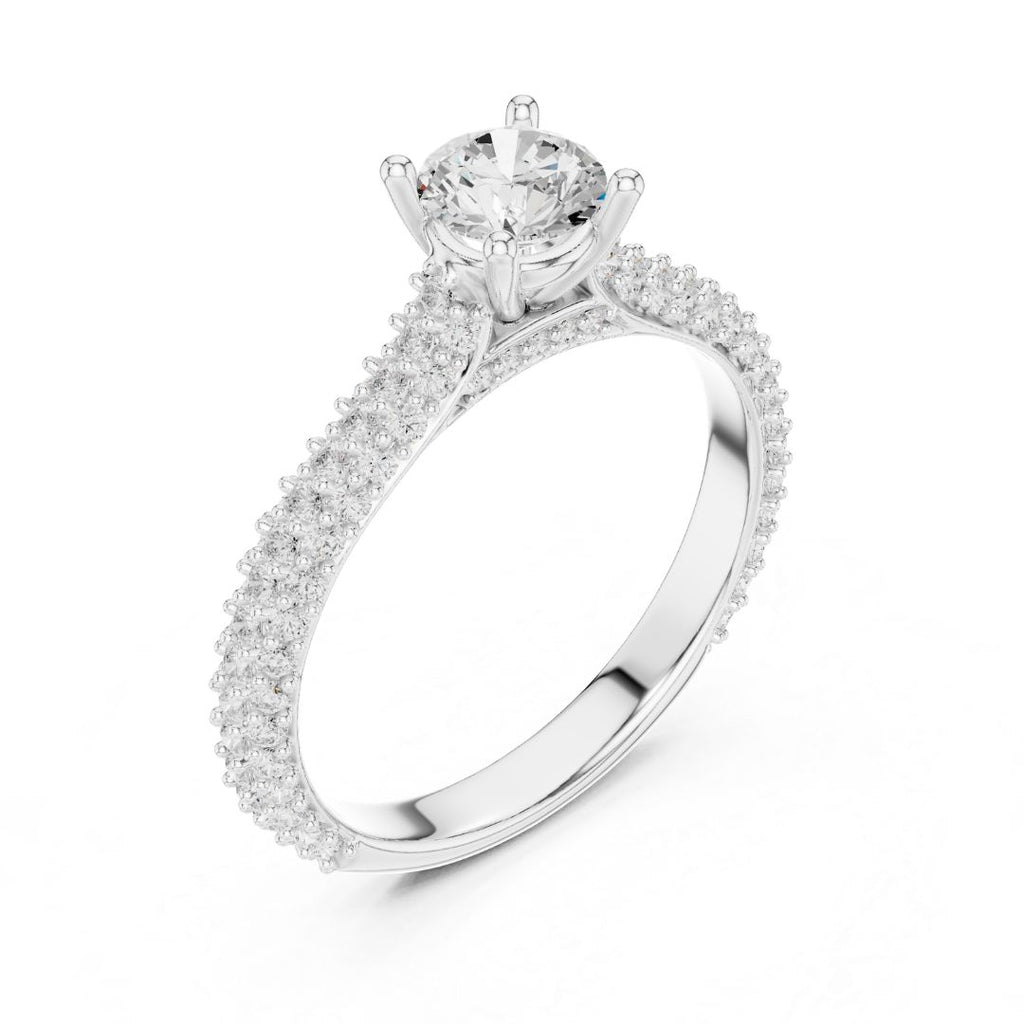 moissanite Diamond ring with a white gold band on a white background
