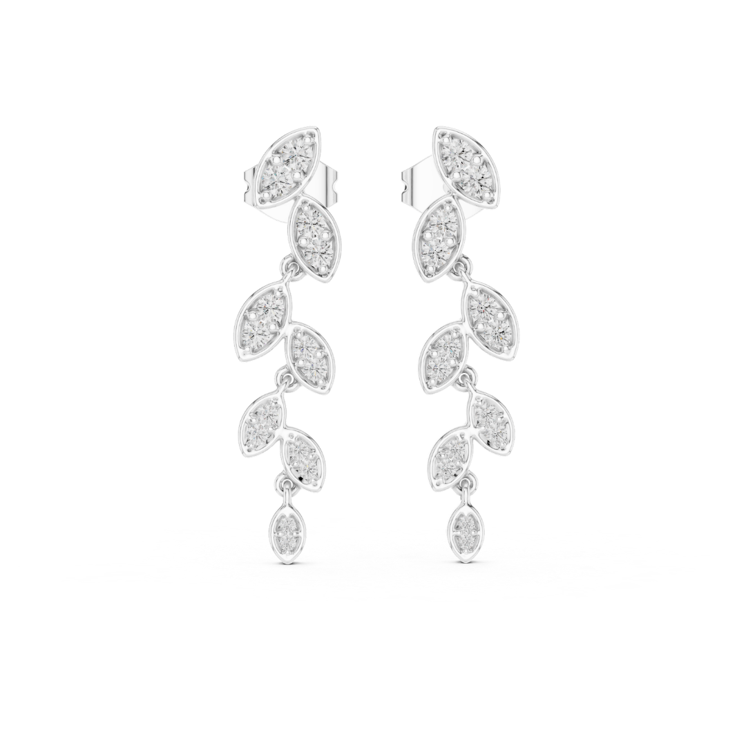 Pair of silver earrings with leaf-shaped moissanite stones on a white background