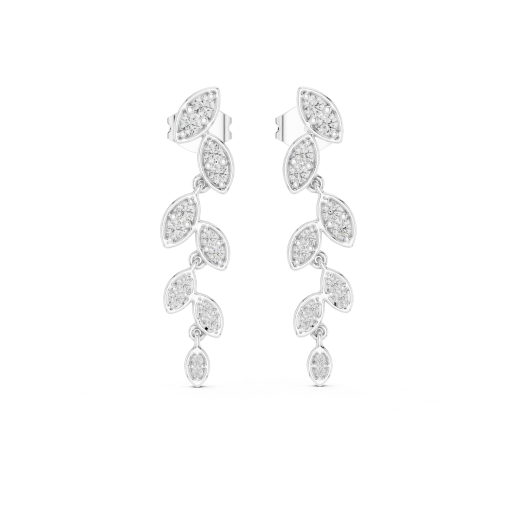 Pair of silver earrings with leaf-shaped moissanite stones on a white background