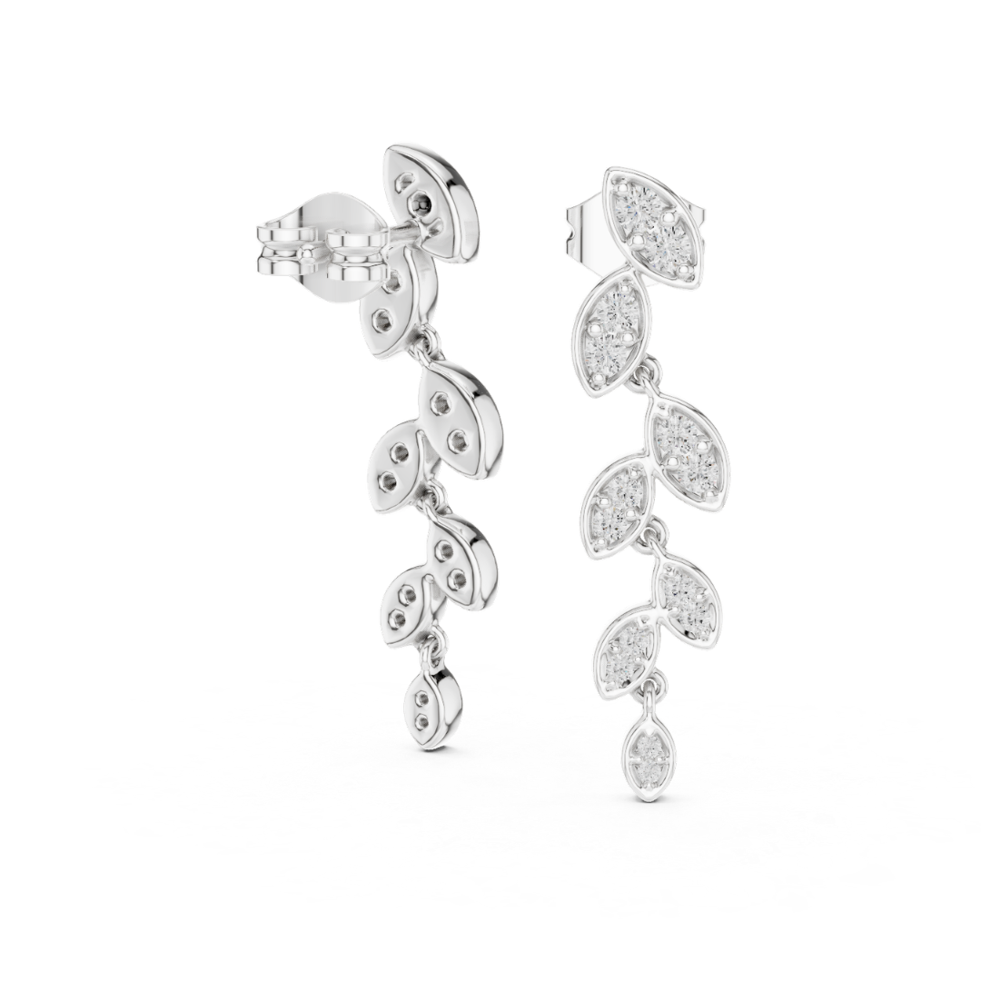 Silver earrings with leaf-shaped moissanite design on a white background