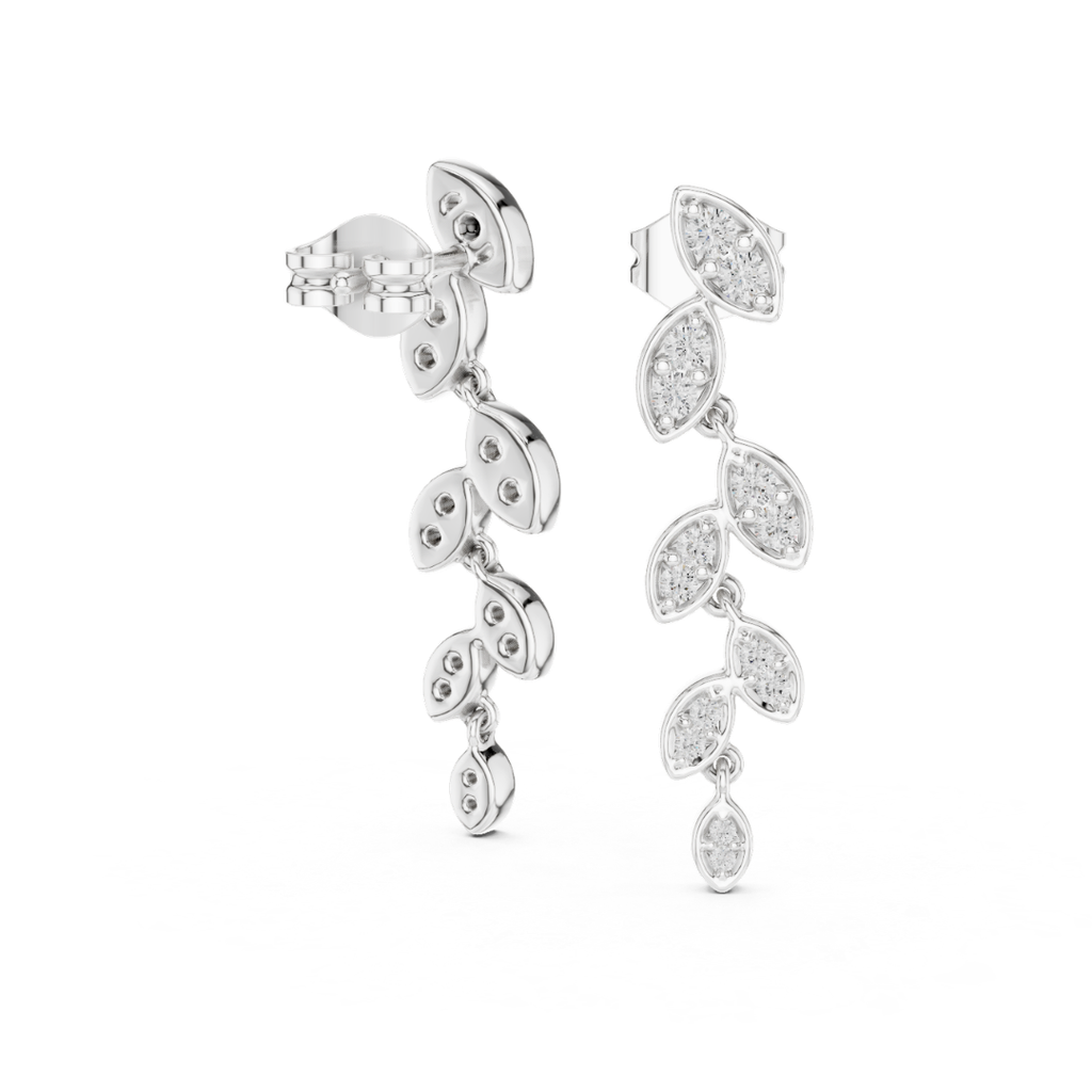 Silver earrings with leaf-shaped moissanite design on a white background
