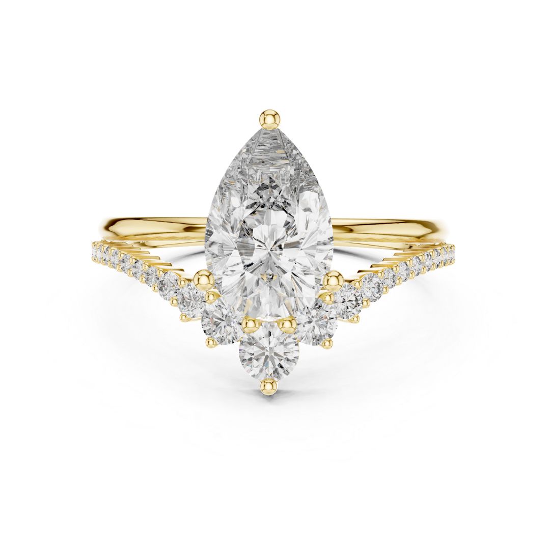Gold ring with a pear-shaped moissanite diamond on a white background