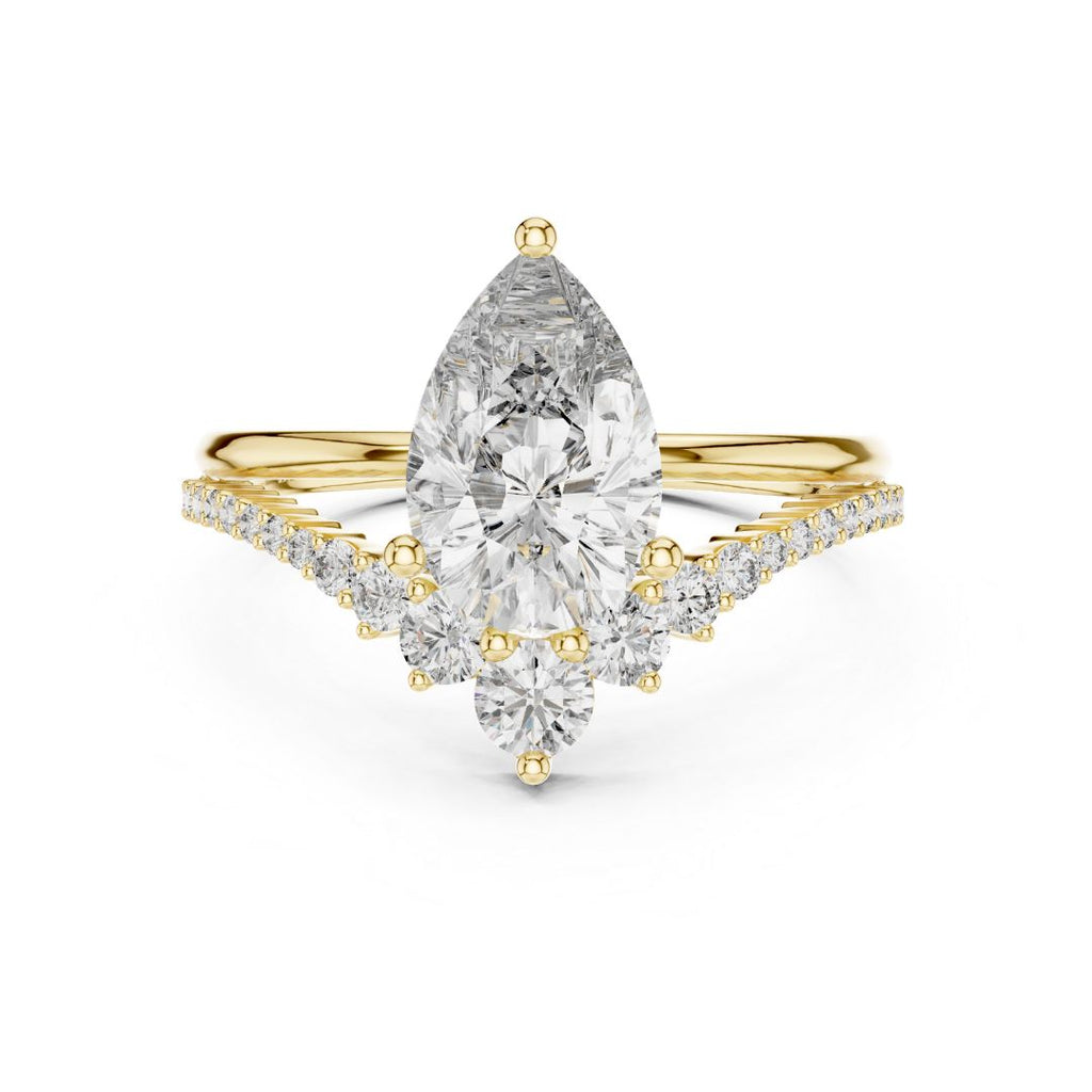 Gold ring with a pear-shaped moissanite diamond on a white background