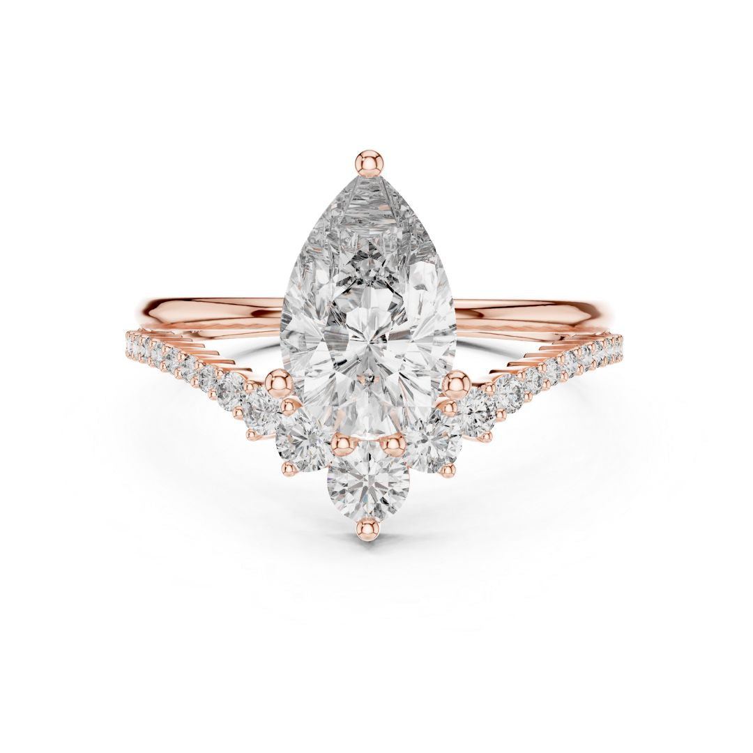 Rose gold ring with a pear-shaped moissanite diamond on a white background