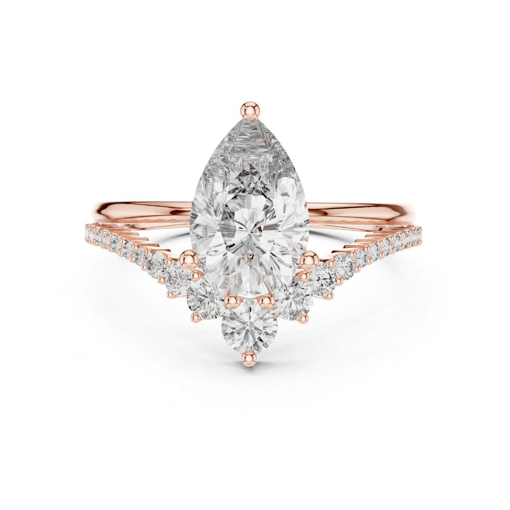 Rose gold ring with a pear-shaped moissanite diamond on a white background