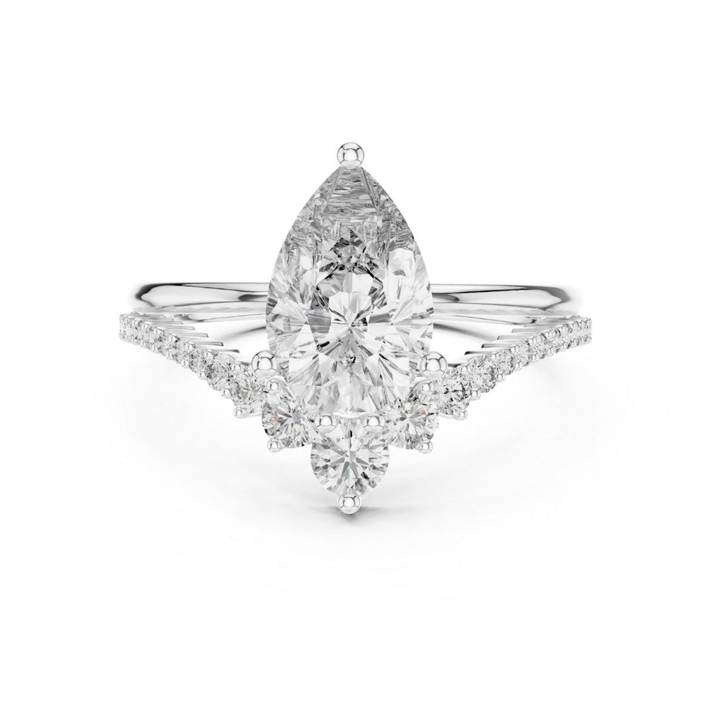 moissanite Diamond ring with a pear-shaped center stone on a white background