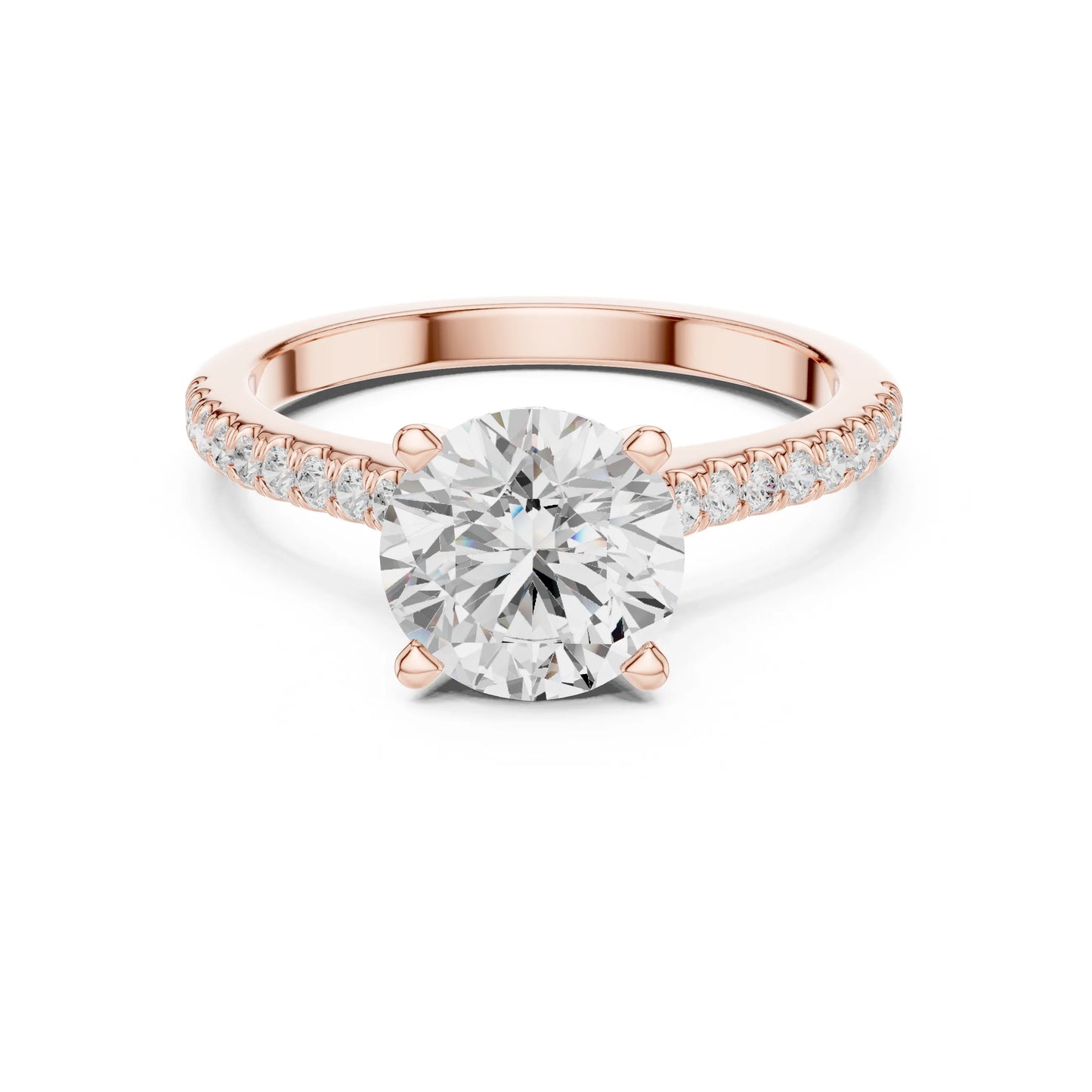 Rose gold ring with a large moissanite  diamond and smaller diamonds on the band against a white background