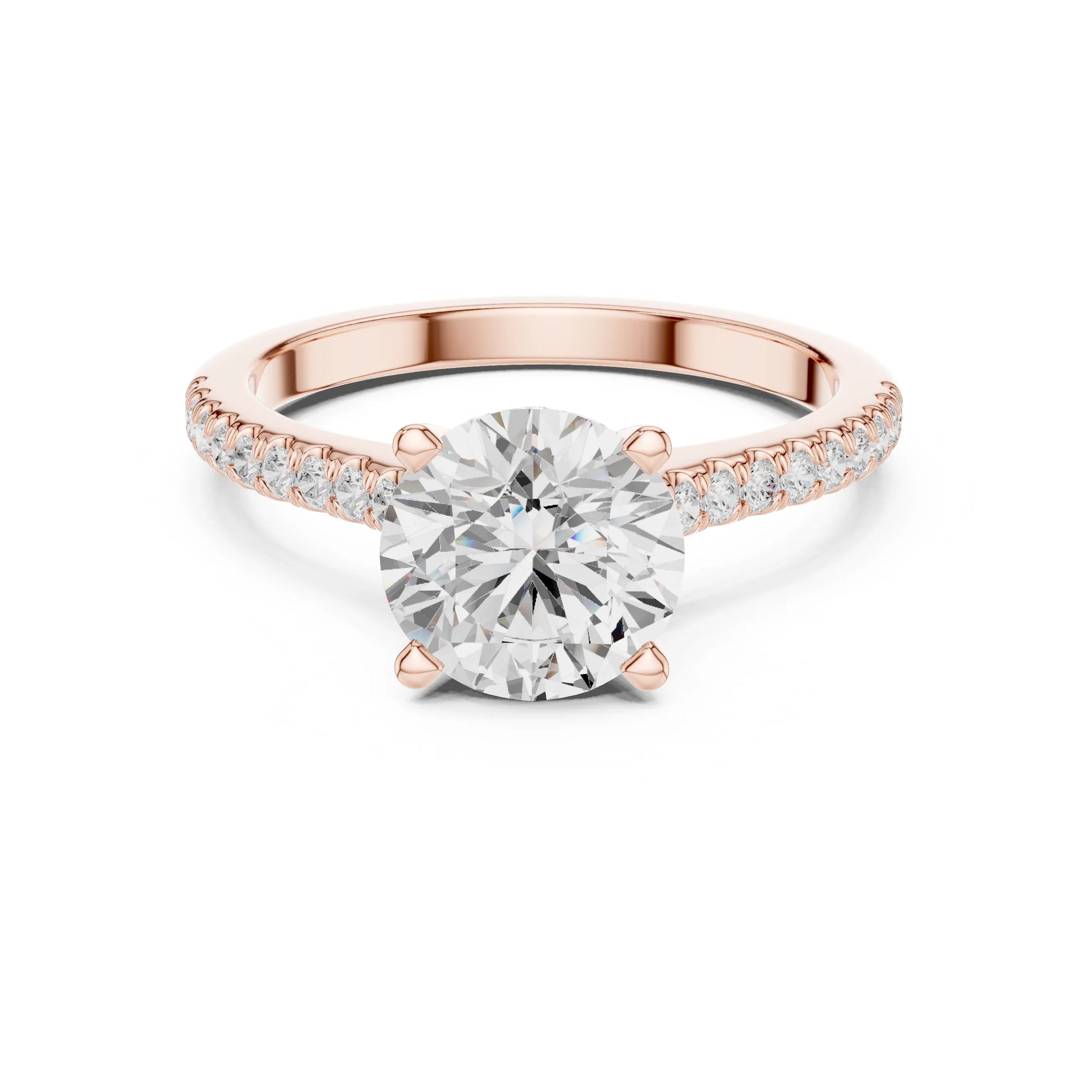 Rose gold ring with a large moissanite  diamond and smaller diamonds on the band against a white background