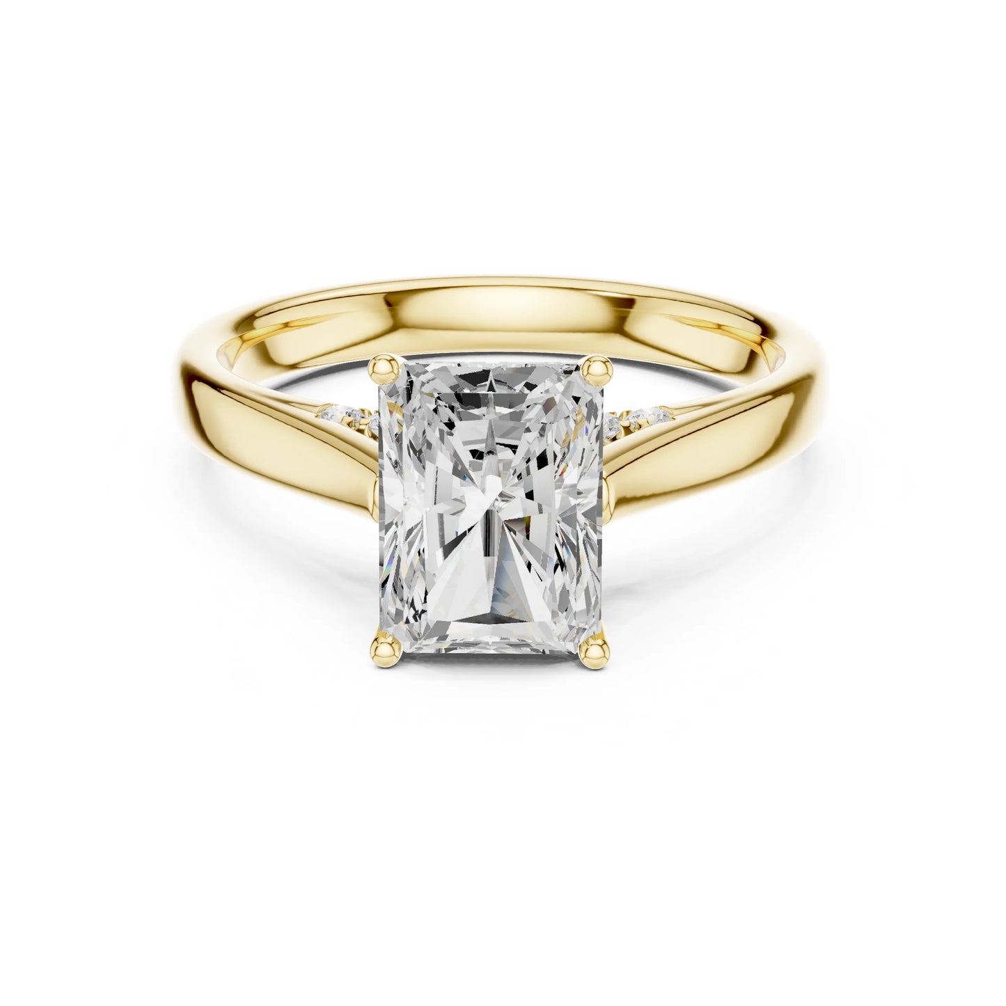 Gold ring with a large moissanite diamond on a white background