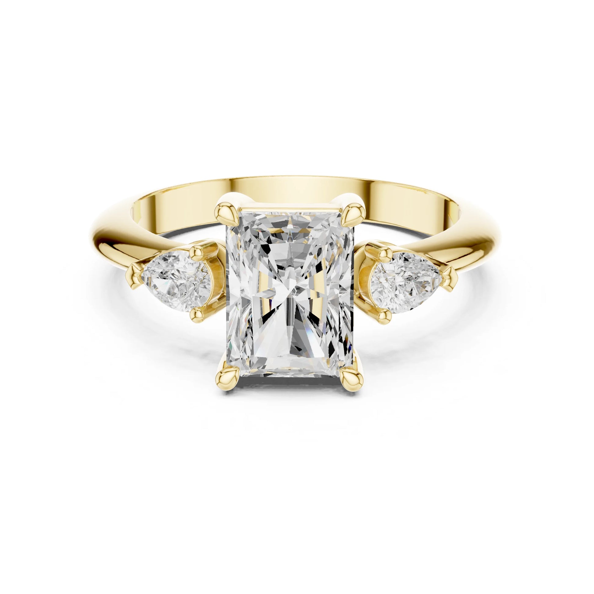 Gold ring with a central moissanite diamond and two smaller diamonds on a white background