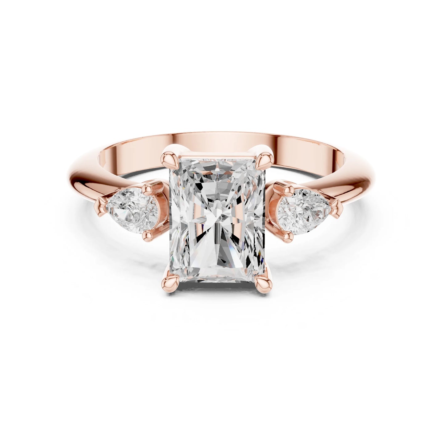 Rose gold ring with a large moissanite diamond and smaller side stones on a white background