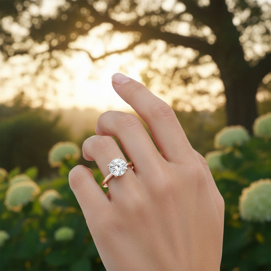 Hand wearing a 1ct moissanite diamond ring with a blurred natural background