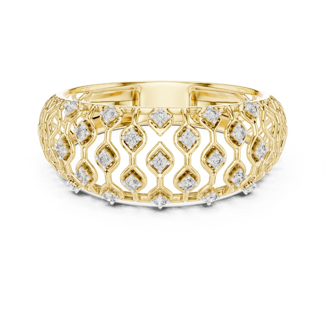 Gold ring with moissanite diamond accents on a white background