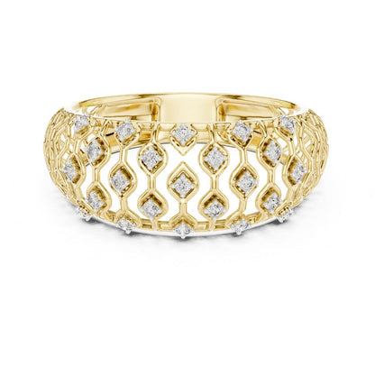 Gold ring with moissanite diamond accents on a white background
