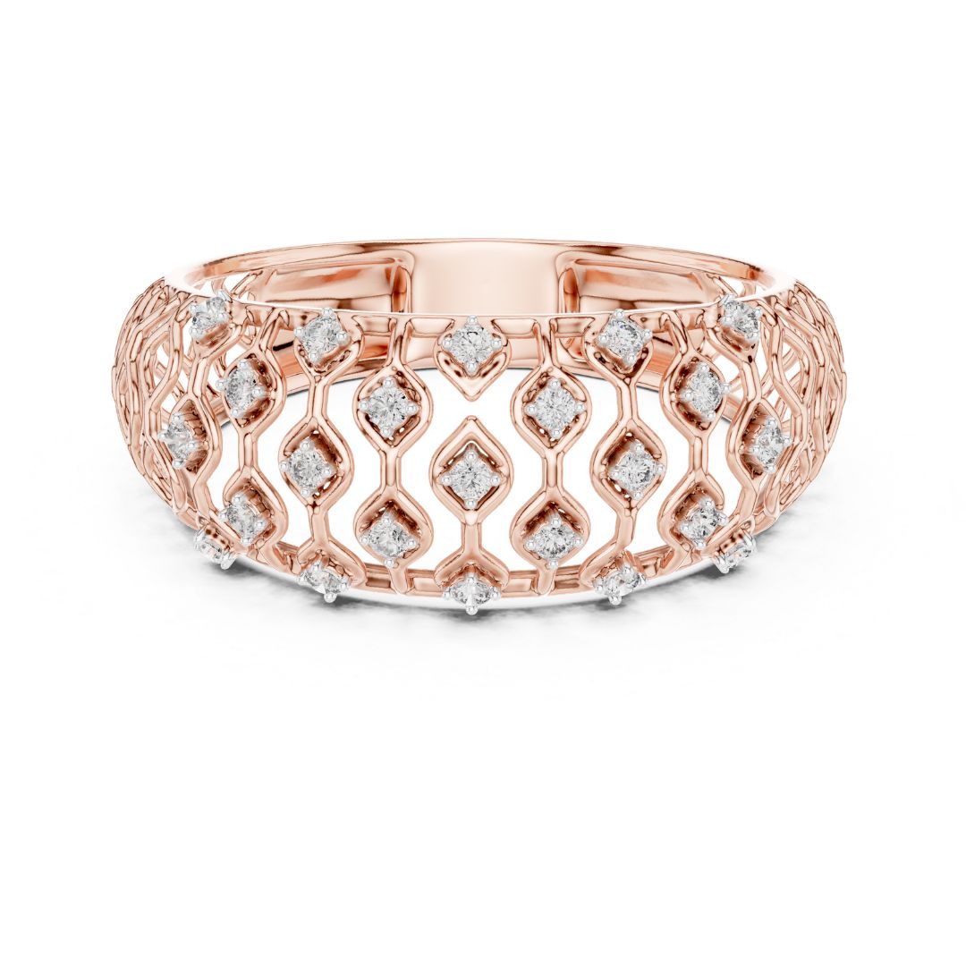 Rose gold ring with moissanite diamond accents on a white background