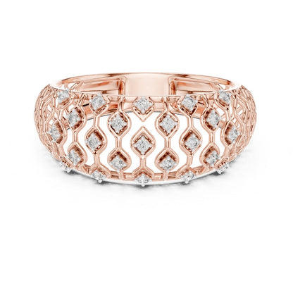 Rose gold ring with moissanite diamond accents on a white background