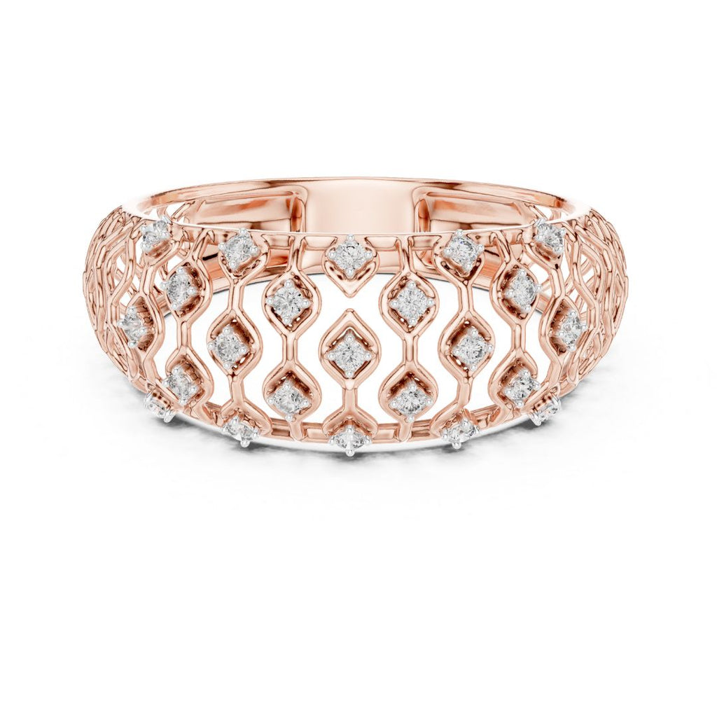 Rose gold ring with moissanite diamond accents on a white background