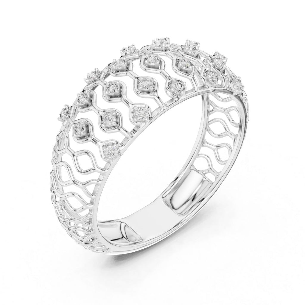 Silver ring with moissanite diamond accents on a white background