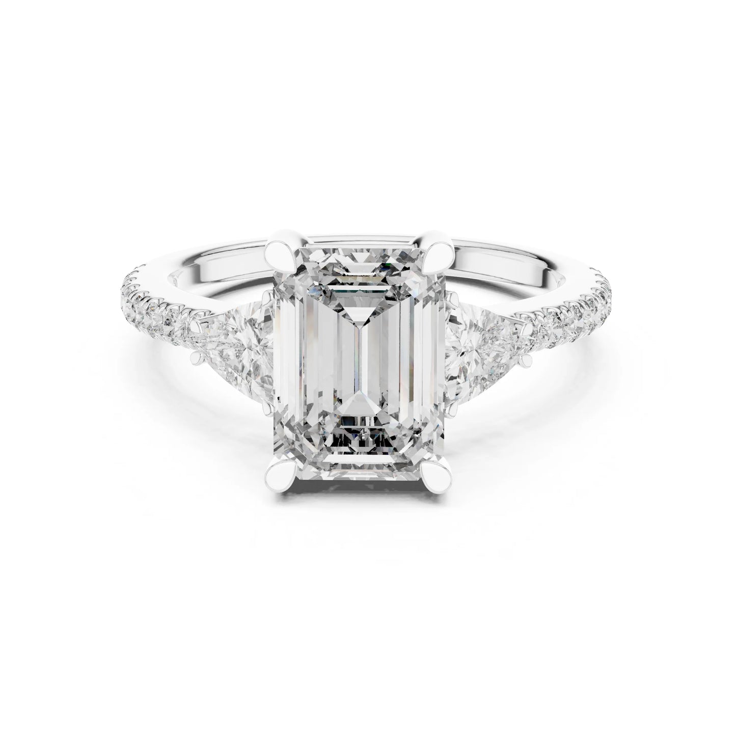 Diamond ring with a central emerald-cut moissanite  diamond and smaller diamonds on a white background