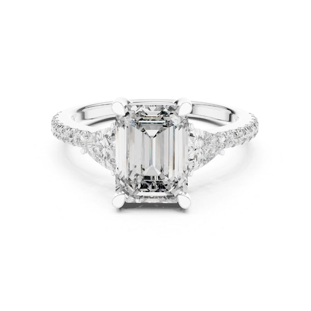 moissanite Diamond ring with a central emerald-cut diamond and smaller diamonds on a white background