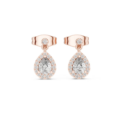 Rose gold earrings with clear moissanite gemstones on a white background