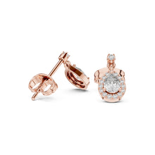 Load image into Gallery viewer, Rose gold earrings with clear moissanite diamond gemstones on a white background