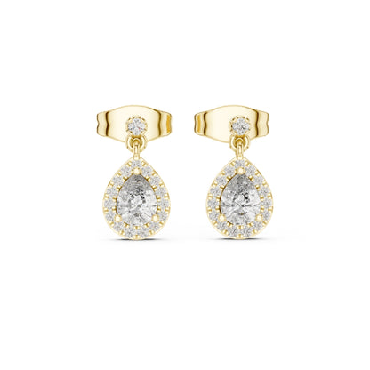 Gold earrings with clear moissanite gemstones on a white background