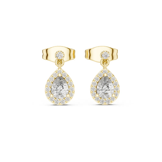 Gold earrings with clear moissanite gemstones on a white background