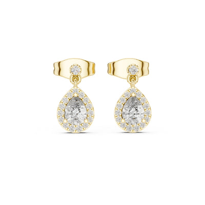 Gold earrings with clear moissanite gemstones on a white background
