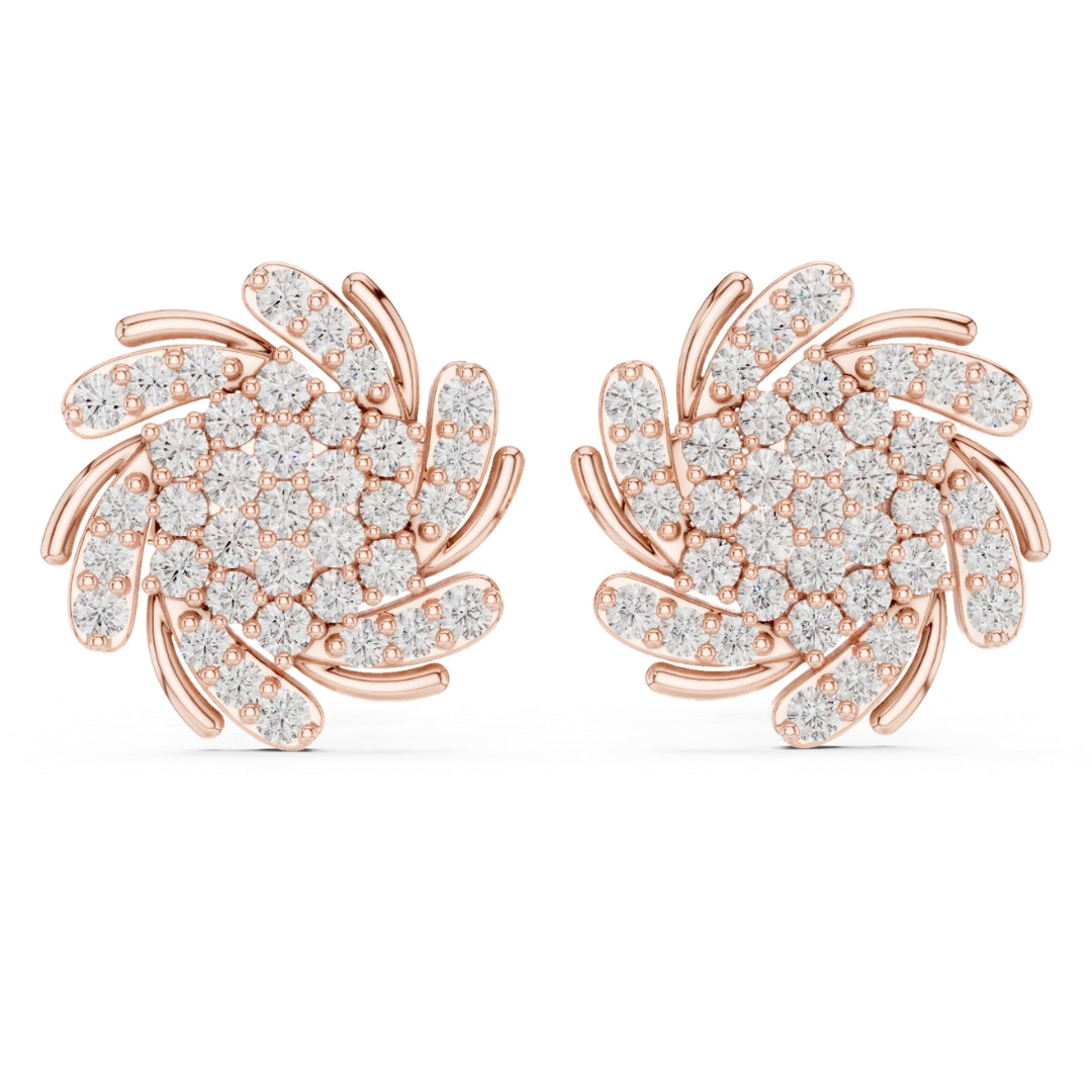 Rose gold earrings with moissanite diamond accents on a white background