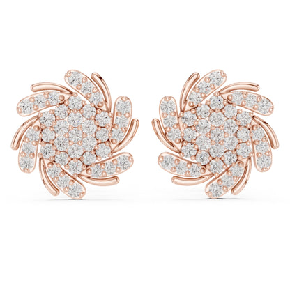 Rose gold earrings with moissanite diamond accents on a white background