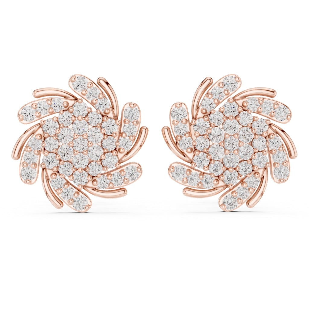 Rose gold earrings with moissanite diamond accents on a white background