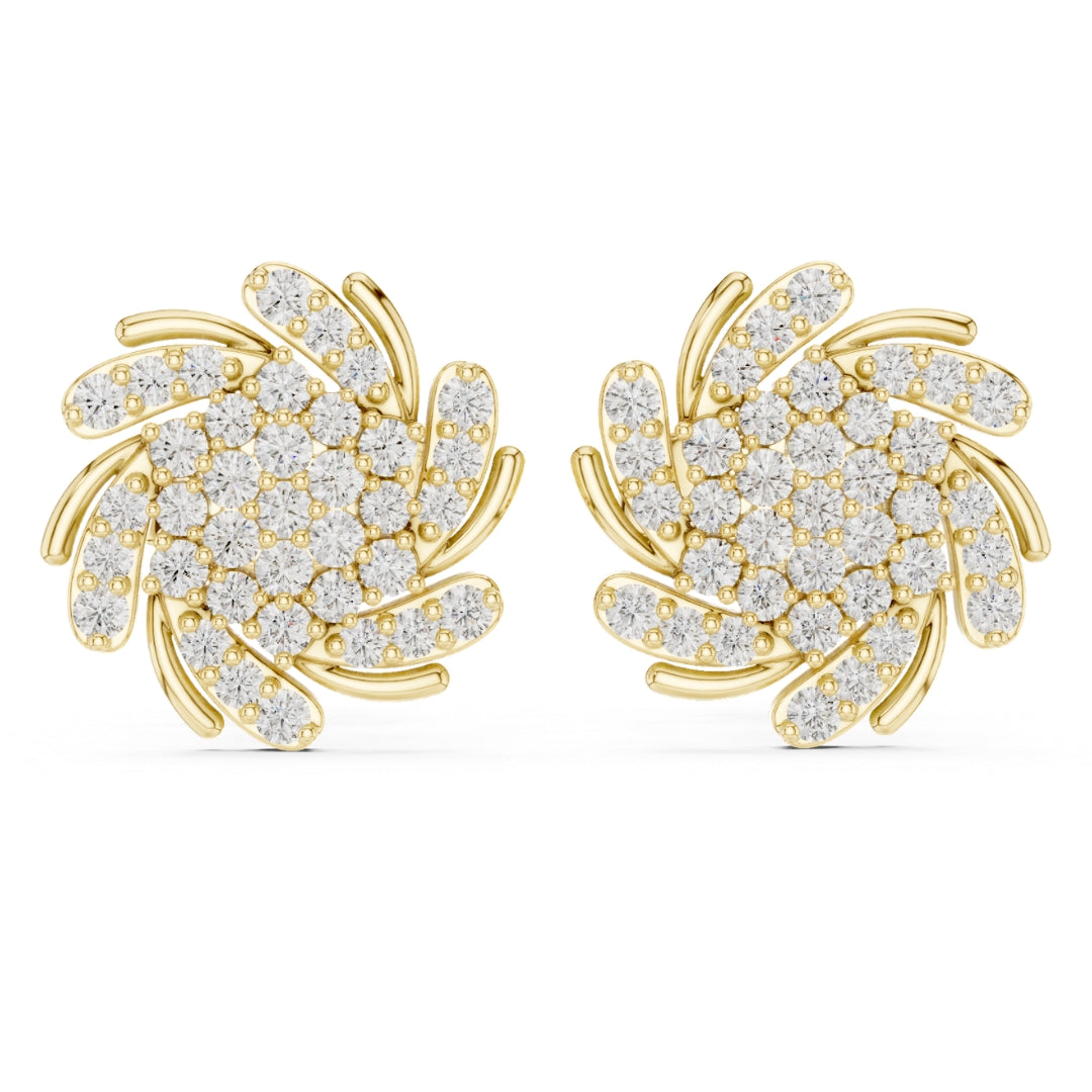 Gold earrings with moissanite diamond accents on a white background
