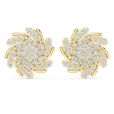 Gold earrings with moissanite diamond accents on a white background