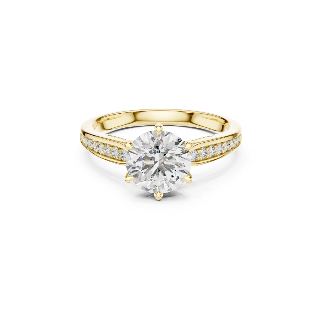 Gold ring with a large Moissanite diamond and smaller Moissanite diamonds on the band against a white background