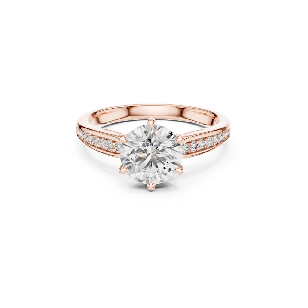 Rose gold ring with a 1ct Moissanite large diamond and Moissanite smaller diamonds on the band against a white background